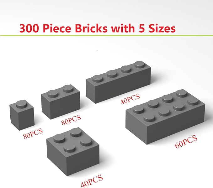 300Pcs Building Brick Bulk, Dark Gray Bulk Bricks with 5 Sizes, Compatible with Lego and Parts and Pieces, Creative Halloween Christmas Building Block Toys for Boys Girls Ages 6 7 8 9 10 Years Old