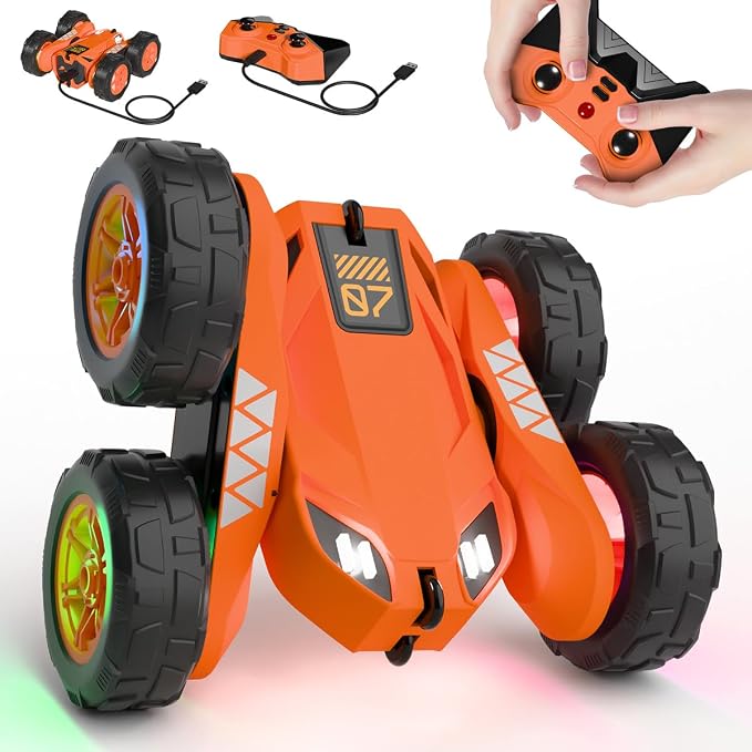 MaxTronic Fast Direct Charging Remote Control Car with LED，Exclusive Dual USB-C Charging for Car & Controller - 2.4Ghz 15km/h 360° Flips Rotations 4WD RC Stunt Car Fully Rechargeable for Kids 3-12