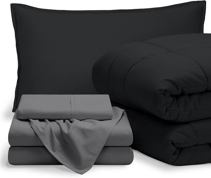 Bare Home Bed-in-A-Bag 5 Piece Comforter & Sheet Set - Twin XL - Goose Down Alternative - Ultra-Soft 1800 Premium Bedding Set (Twin XL, Black/Grey)