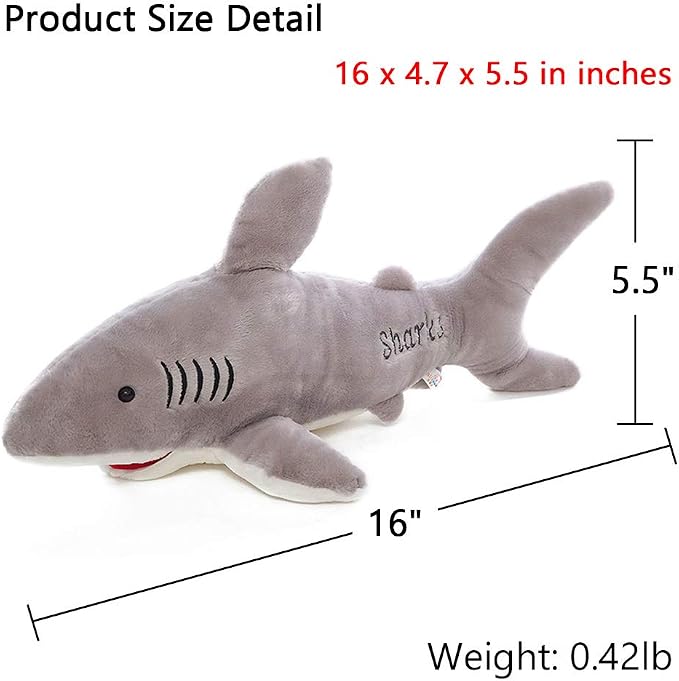 Stuffed Shark Animal Plush Toy 16 Inch Long Great White Animal Stuffed Plushies Super Soft Cute Cuddly Pillow Cushion Stuff Dolls Gift for Children Kids Boys Girls Room Decor Bedtime, 16Inches