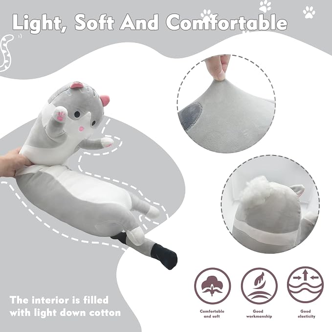 Long Cat Plush Pillow, 43.3in Cute Cat Plushie Stuffed Animals Body Pillow, Grey Kawaii Kitten Soft Plushie Doll Toy Birthday Gift for Children Girlfriend