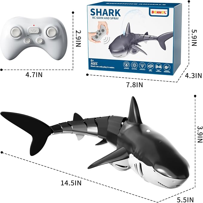 Bennol 2.4Ghz Remote Control Shark Toys for Boys Kids, 1:18 Scale High Simulation Shark for Pool, Electric RC Sharks Fish Toys with Light & Spray Water Function for 6 7 8 9 Year olds Kid Boys