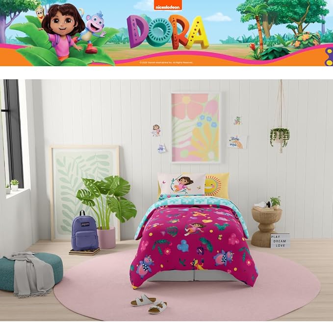 Dora The Explorer Kids Bedding Set Super Soft & Cozy Reversible Microfiber Comforter and Sheet Set with Sham, 7 Piece Full Size, (Officially Licensed Product) By Franco