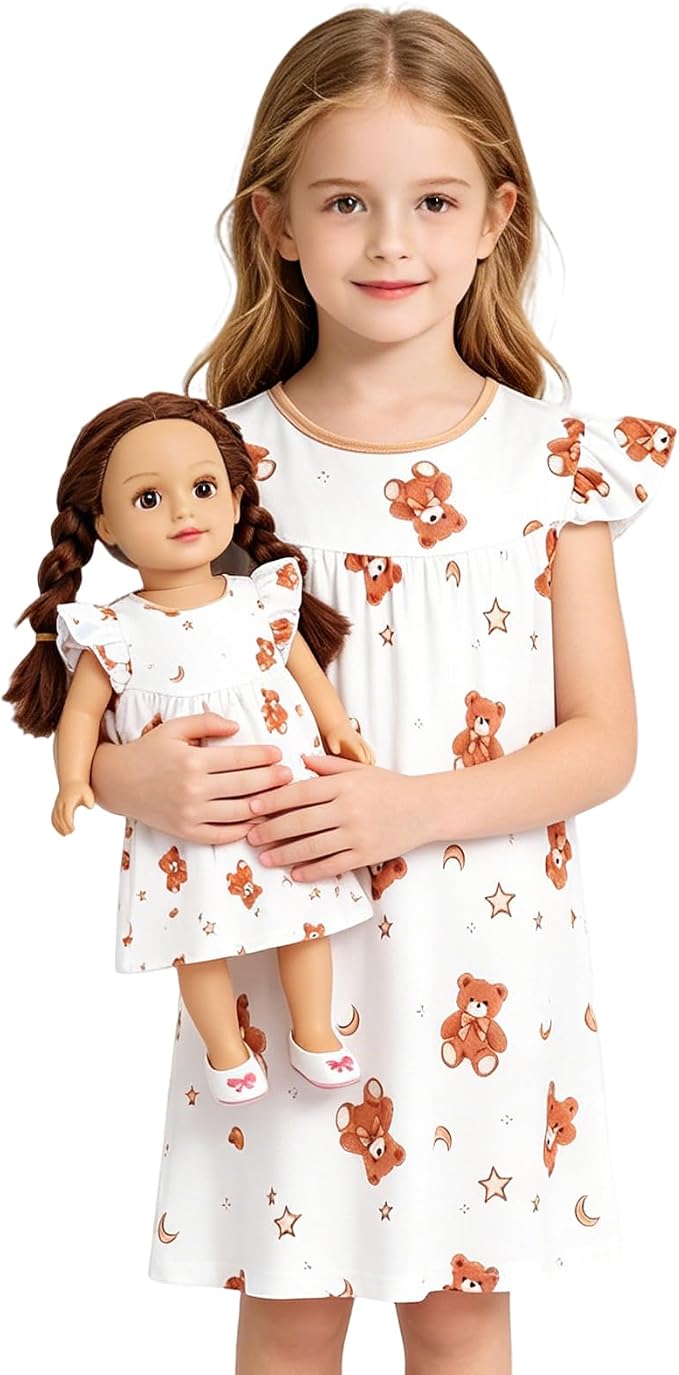AmzBarley Matching Doll & Girl Pajamas Girls Nightgowns Sleepwear Night Dress for Kids and 18 inch Doll Clothes