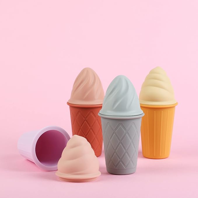 BLUE GINKGO Ice Cream Sand Toys - Silicone Beach Toy Ice Cream Set of 4 | Easy Clean, Travel-Friendly | Sand, Bath, Beach Toys for Toddlers and Children (Sunsoaked Multi Pack)