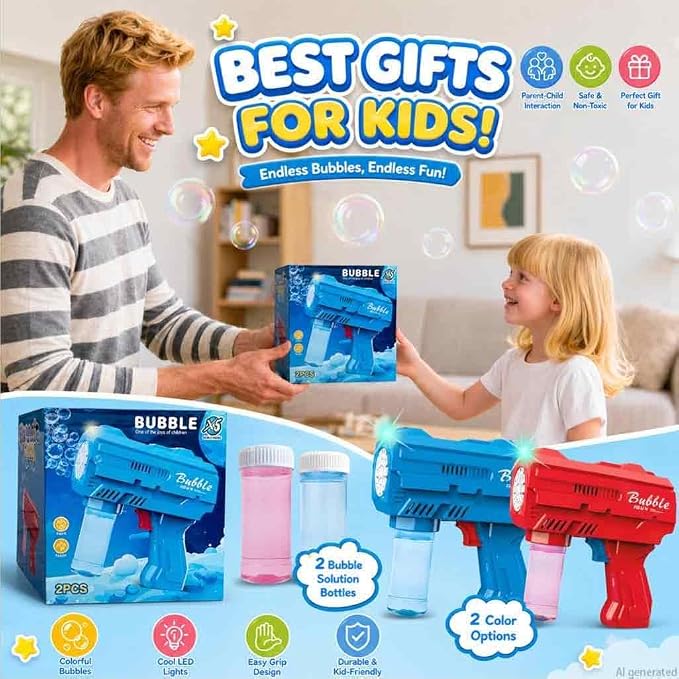 2 Pack LED Bubble Gun for Kids, Automatic Bubble Blower with 2 Refill Solutions, Leak-Proof Bubble Blaster Toy for Toddlers, Outdoor & Indoor Play, Ideal Easter & Birthday Gifts for Boys Girls Age 3-8