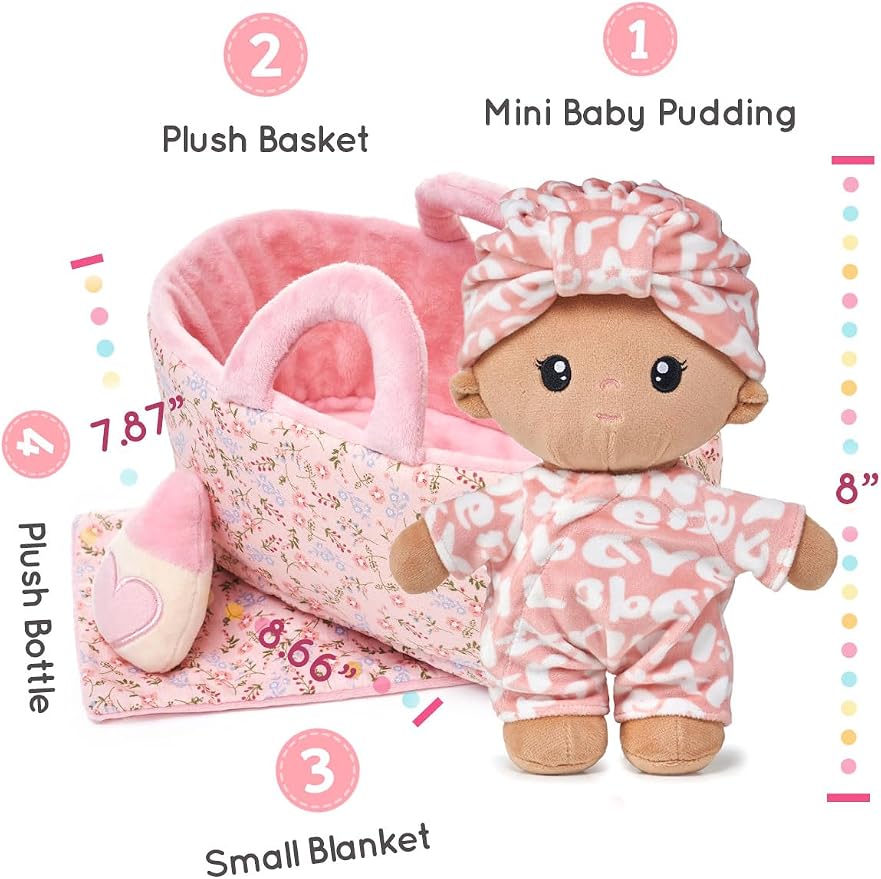LeyaDoll Soft Baby Doll Gift Set - First Baby Doll Accessories Plush Rag Sleeping Cuddle Buddy Doll Toy Mini Pink Set for Kids Girls (9'') - Pudding Baby-Tanned