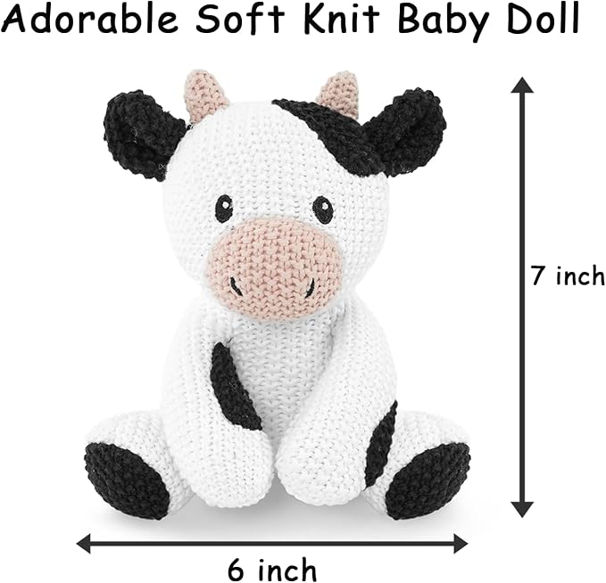 3Pcs Kids Stuffed Animals Toys 7-8" Knitted Crochet Bunny Plush Cute Elephant Cuddly Cow Cotton Animal Plush Toy Set Gift for Girls Boys and Babies, Christmas, Easter