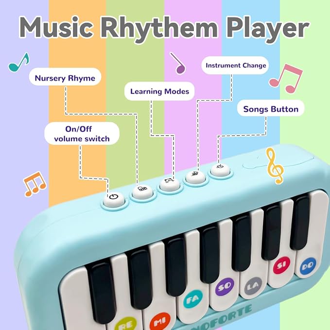 Toddlers Piano Toy with Rainbow Lights, Portable Travel Piano Keyboard Musical Instrument Learning Toys, Music Interactive Birthday Gift for 3 4 5 Year Old (Blue)