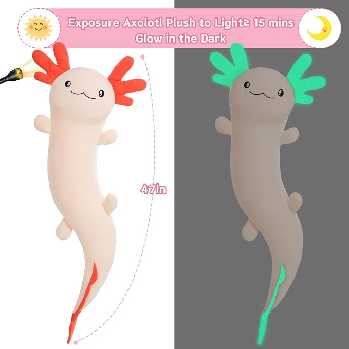 MaoGoLan Giant Axolotl Plush Pillow, Big Axolotl Plush Stuffed Animal Toy for Kid Girl Boy, Jumbo Stuffed Salamander Body Pillow Glow in The Dark, Birthday Day Gift Baby Shower Party Decor, Pink