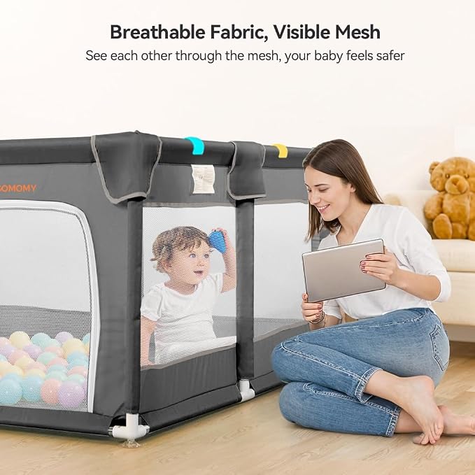 COMOMY Playpens for Babies and Toddlers, Small Baby Play Pens, Activity Center for Baby Safe and Non-Slip Baby Fence, Full Mesh Design, Indoor & Outdoor Kids Activity Center (Dark Grey, 50"x50")