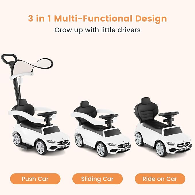 OLAKIDS Push Car for Toddlers, 3 in 1 Licensed Mercedes Benz Baby Sliding Walking with Parent Control Handle Adjustable Canopy Guardrail Under Seat Storage, Kids Ride on Toys with Horn (White)