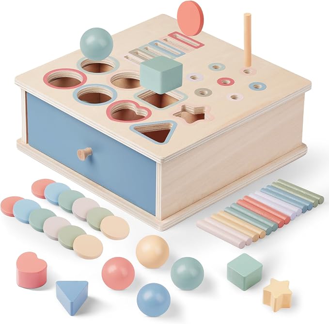 Pajojoqa Montessori Toys for 2 3 4 5 Color Sorting - Wooden Object Permanence Box with Drawer Sensory Toys Shape Sorter Education for Baby Toddler Boy Girl Drop Busy Box 4 in 1