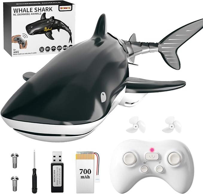 Bennol 2.4Ghz Remote Control Whale Shark Toy for Kids, 1:18 Scale High Simulation Electric RC Fish for Pool, Birthday Christmas Toys for 6 7 8 9 Year Olds Boys and Girls