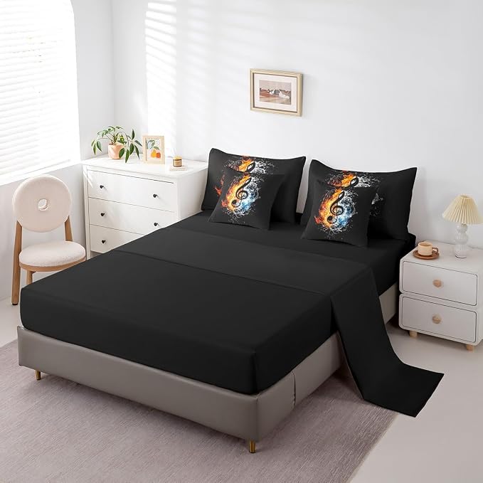 Feelyou Music Comforter Set with Sheets Full Size Popstar Party Bed in a Bag for Boys Girls Teens Dark Black 7 Pieces Bedding Set Soft Lightweight Microfiber