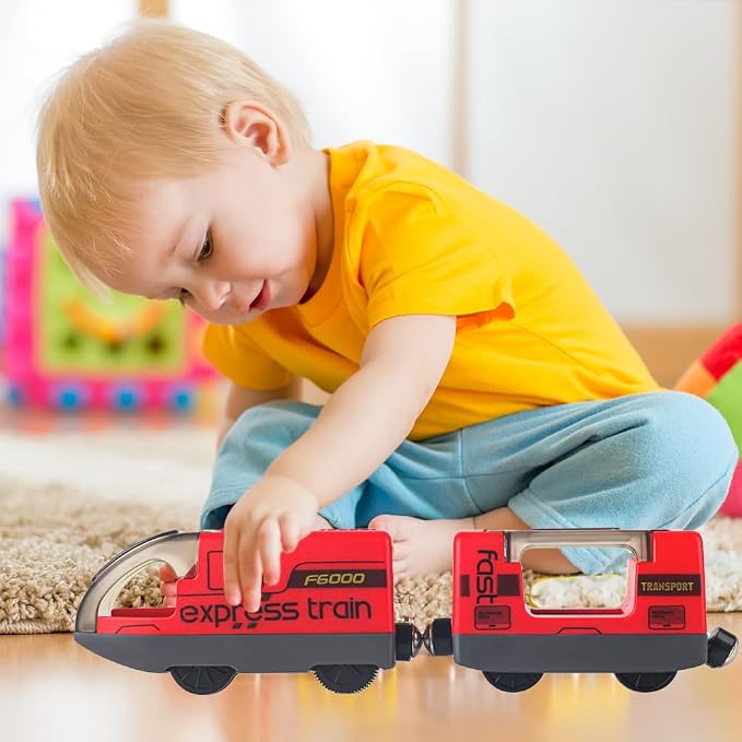 TOPLIVING Motorised Wooden Rail Train, Remote Control Train with Magnetic Connection, Battery Operated Locomotive Trains for Toddlers, Compatible with Thomas, Brio, Chuggington (Red)
