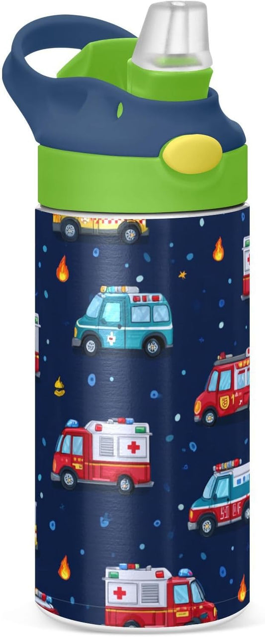 Boccsty Cartoon Ambulance Car Kids Water Bottle with Straw Lid Firefighter Fire Truck Insulated Stainless Steel Reusable Tumbler for Boys Girls Toddlers 12 oz Green