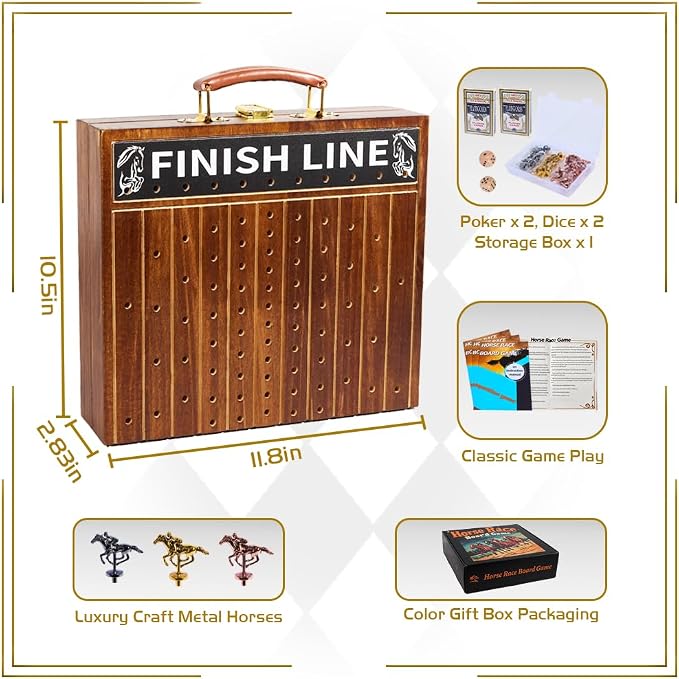 Jyquorp Horse Race Board Game, Solid Wood Foldable Racing Board with 11 Metal Horses, 2 Dice and 2 Boxes of Cards, Portable Travel Game for Family Parties and Holiday Gatherings