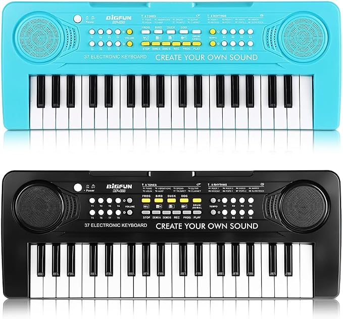 Keyboard Piano for Kids, BIGFUN 37 Keys Toddler Piano Multifunction Music Educational Instrument Toy, Electronic Kids Keyboard Set for 3-7 Year Old Girls and Boys (2PCS, Black + Blue)