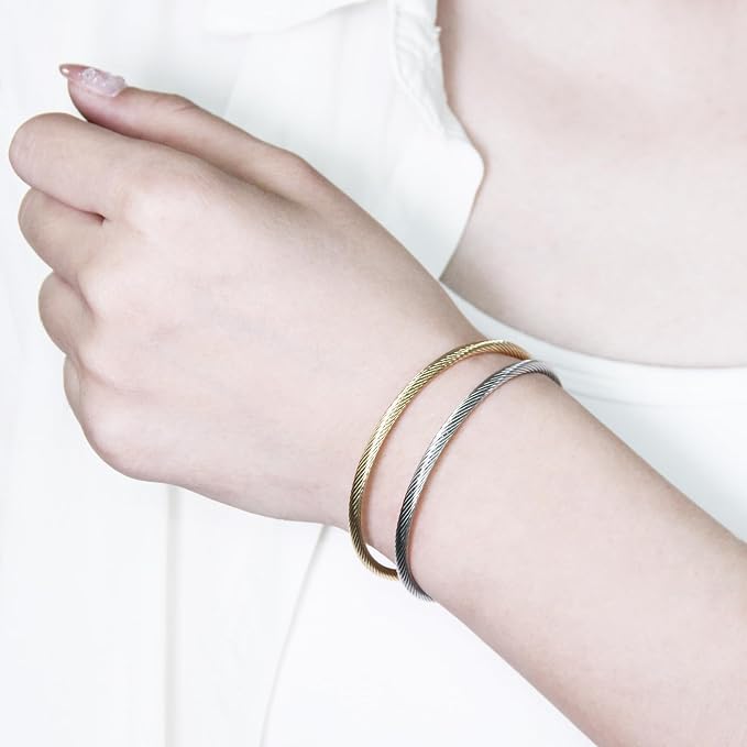 Exway 10 Pcs Elastic charm Bracelet chain Stainless Steel Cable Wire Twisted Cuff Bangle Bracelet Gold And Sliver charm Bracelets Kit for Crafts DIY Women Jewelry Making