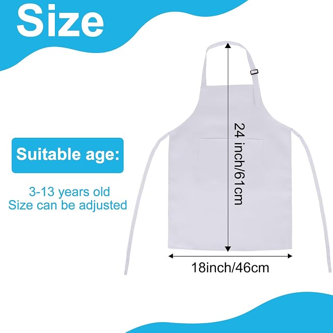 24 Pack Kids Apron bulk with 2 Pockets Adjustable Chef Art Apron Kids Painting Aprons for Cooking Baking Painting Crafting Grilling Activity（White）