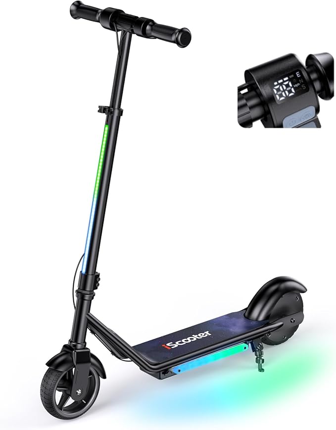 iScooter IK3 Serious Electric Scooter for Kids Aged 6-12, 3/6/10MPH Speed, Dual Brake System, 3 Heights (IK3Pro), Magnetic Charging, Colorful Lights, LED Display, 150W Motor Kids Scooter