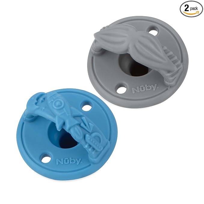 Nuby 3-D Sili Soother Pacifiers with Soft Handle and Two Safety Air Holes, 2 Pack, 0+ Months, Blue Spaceship and Gray Mustache