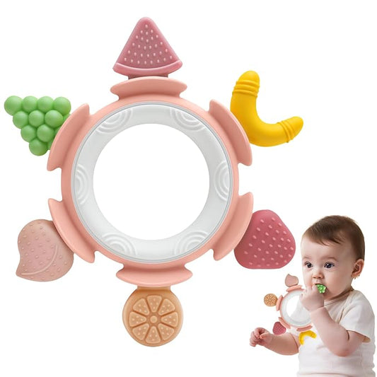 Baby Teething Toys for Babies 3-12 Months, Silicone Teething Rings for Babies, Infant Teether for Sore Gum Relief, Sensory Chew Toy Baby Teether, Baby Essentials Gift for Newborn Boys Girls, Pink