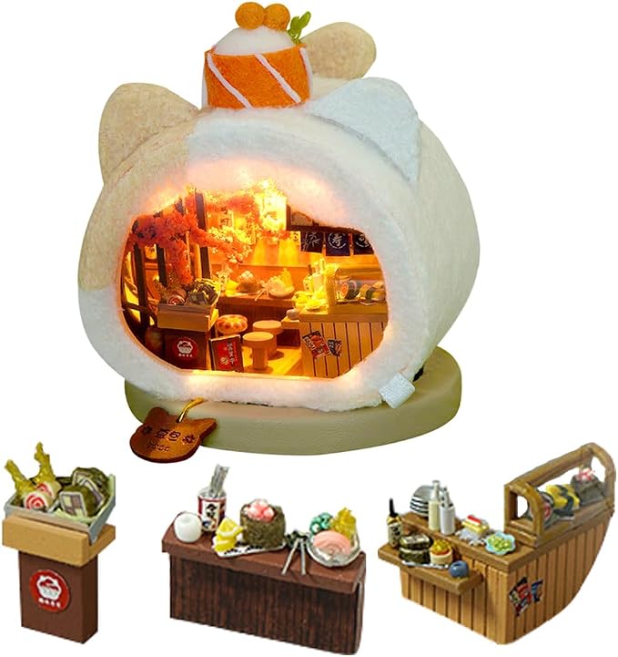 Miniature Dollhouse Kit DIY Wooden Dolls House,Tiny House kit with Furniture, Great Handmade Crafts Gift for Birthday Valentine's Day (Meow Meow Sushi Shop)