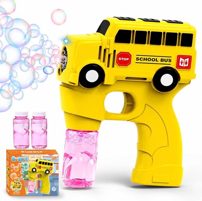 Bubble Gun for Kids Toddlers, School Bus Automatic Bubble Machine with LED Lights, 2 Bubble Solutions Included, Outdoor Toys for Boys Girls 3-8, Birthday Easter Christmas Party Gifts
