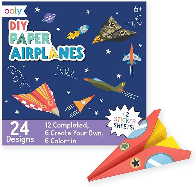 Ooly DIY Paper Airplane Book, 24 Paper Planes & Stickers, Kit Includes 12 Completed, 6 Blank and 6 Color-in Planes, Great Gifts for Kids, Activities for Boys and Girls