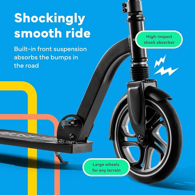 LaScoota Kick Scooter for Kids Ages 6+, Teens & Adults, Large 8" Sturdy Urethane Wheels. Adjustable Handlebar, Lightweight, Foldable, 220lbs Max Load