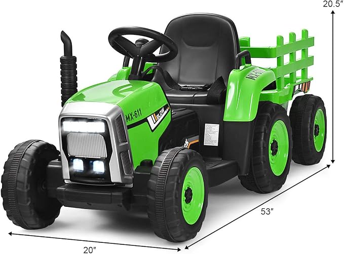 HONEY JOY Ride On Tractor with Trailer, Toddler 3-Gear-Shift Ground Loader, LED Lights, Horn, Music, 12V Battery Powered Electric Toy Tractor with Remote Control (Green)