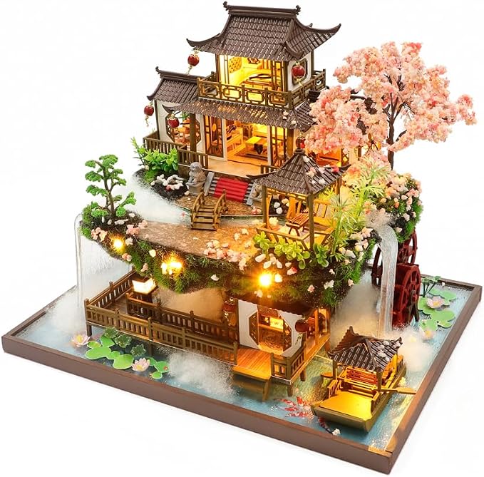 Yuzhen DIY Miniature Dollhouse with Furniture and LED Lights, Large Ancient Style Wooden Dollhouse Includes Dustcover and Music Movement