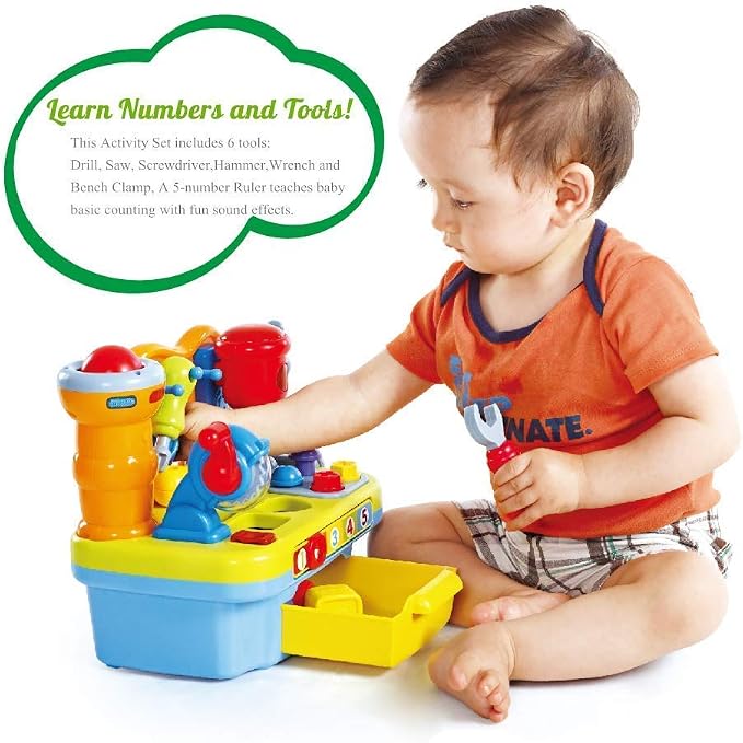 Yiosion Musical Learning Tool Workbench Toys for 1 Year Old Boy, One Year Old Boy Gifts, Toddler Tool Bench with Shape Sorter