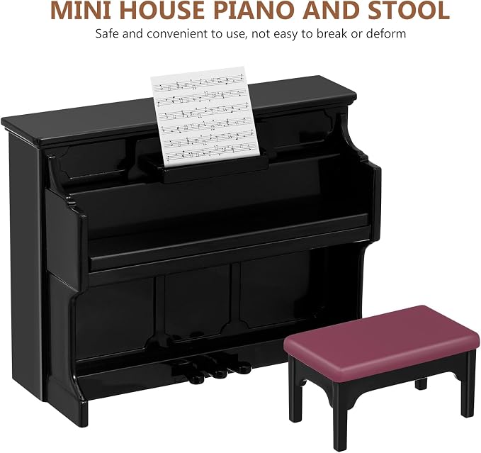 TOYANDONA Piano Keyboard Dollhouse Piano Model Miniature Upright Stool Musical Educational Toy for Kids Micro Landscape Fairy Garden Black