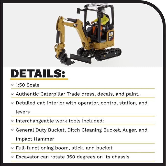 Diecast Masters CAT Caterpillar 301.7 CR Next Generation Mini Hydraulic Excavator with Work Tools and Operator High Line Series 1/50 Model 85597