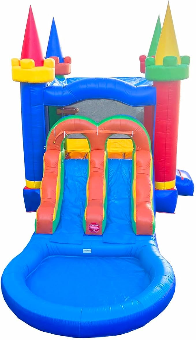 Inflatable Bounce House with Slide for Kids - Backyard Modular Rainbow Castle Combo Bouncer with Water Pool, Outdoor Toys, Jumpers for Kids - Bounce House with Blower & Stakes - 12' x 12' Area