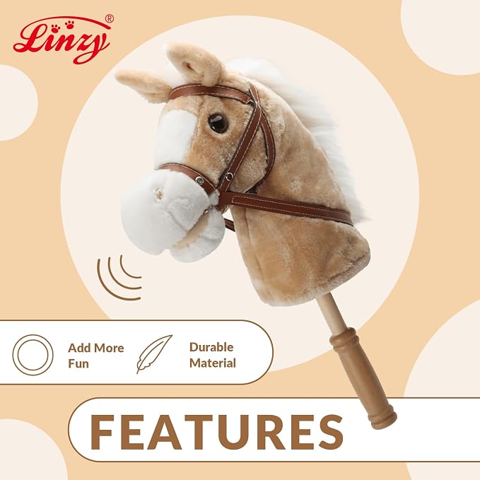 Linzy Toys 35.5" Plush Stick Horse - Funny Hobby Horse with Pony Sound, Soft Realistic Mane & Durable Leather Reins, Pretend Play Riding Toy for Boys & Girls Ages 3+ (Light Brown)