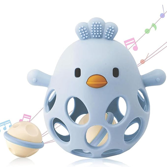 ChooKaChoo 2-in-1 Baby Teething Rattle Toy, Sensory Grasping Teether for Infants 3-12 Months, 100% Food-Grade Silicone, Easy to Hold, Soothing & Developmental, BPA Free