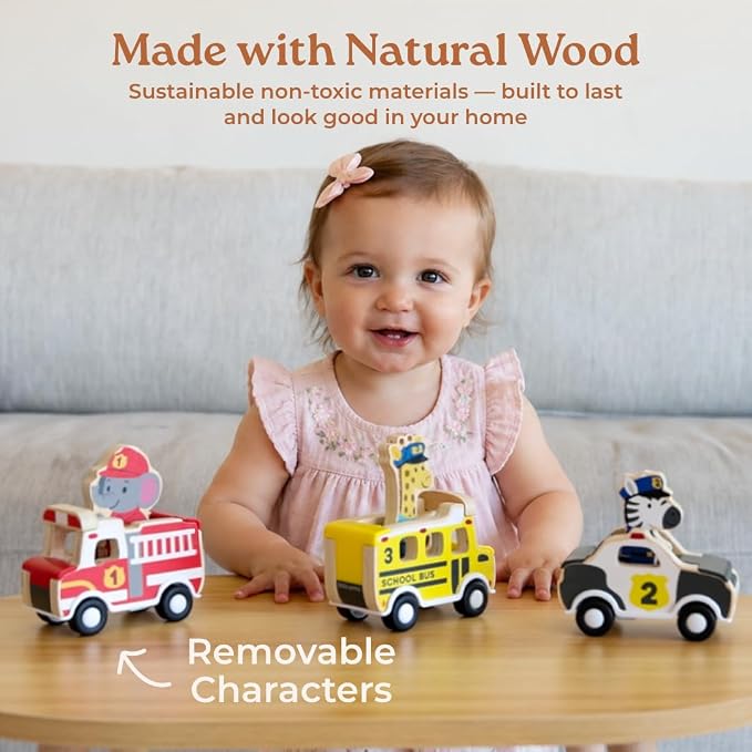 Little Acorn, Wooden Pull Back Cars with Mix & Match Characters | Montessori Toys for 1 & 2 Year Old | Car Toys for Toddlers 1-3 | Baby Toys 6-12 Months | Birthday Gifts for Boys Girls