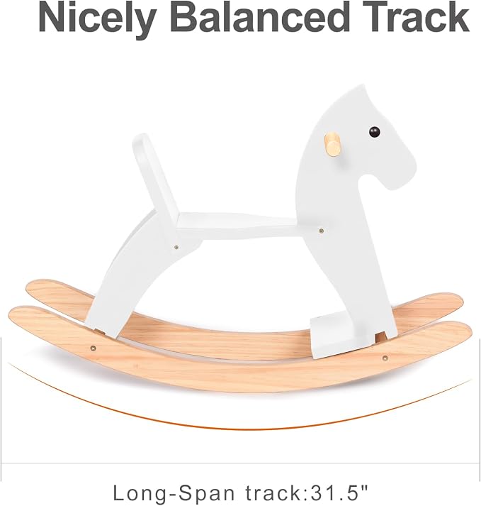 Wooden Rocking Horse Baby Ride On Toy for Toddlers Solid Wood Classic Design with Comfortable Pedal and Safe Backrest Ideal Gift for Kids (Classic, White)