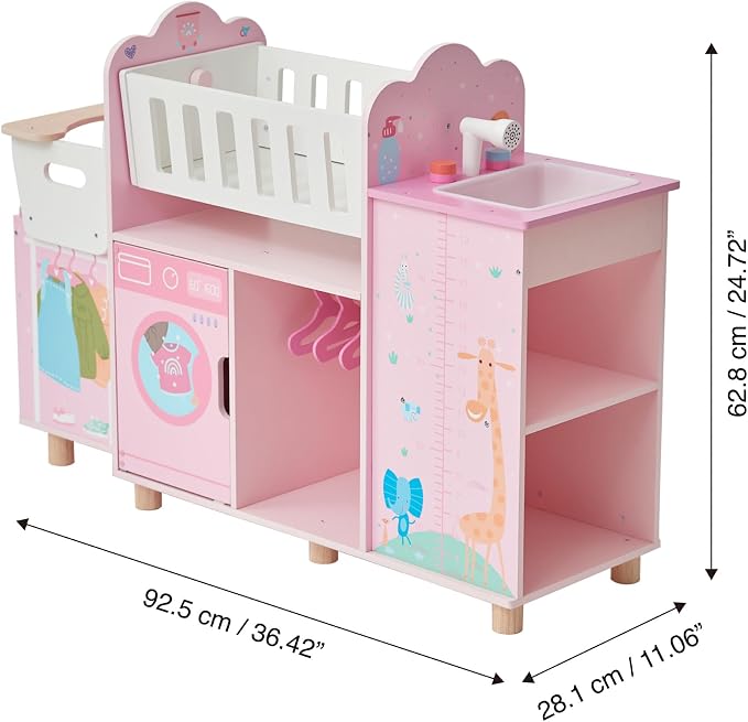 Olivia's Little World Amanda 6-in-1 Wooden Doll Nursery Station, Pink/Multi | Rocking Cradle, High Chair, Storage, Washing Machine and Sink, For 3 yrs and up