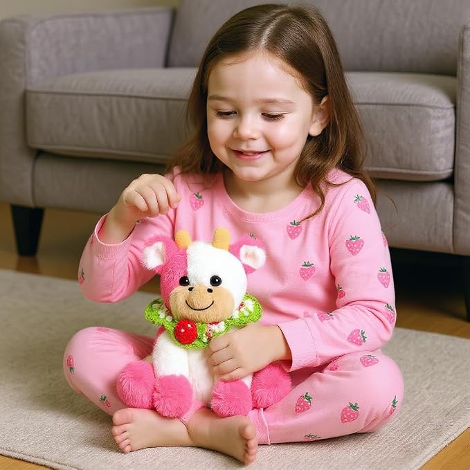 Hopearl Adorable Plush Cow Toy with Knitted Cute Strawberry Bib Floppy Dairy Cattle Soft Stuffed Animal Kawaii Gift for Boys Girls Kids Toddlers, Pink, 9''