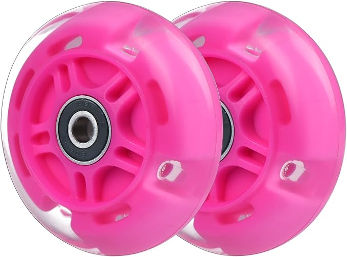2-Pack Rear 80mm Colorful Flashing 3-Wheeled Kid Scooter Replacement Wheels for Kid Push Kick Scooter (Pink)