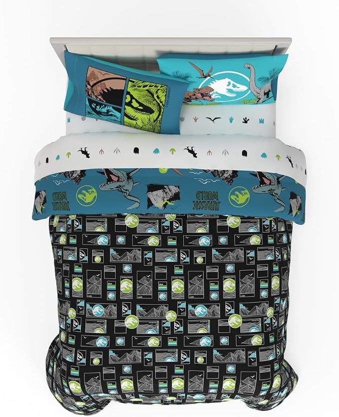 Jurassic World Kids Bedding Super Soft Cozy Reversible Microfiber Comforter and Sheet Set with Sham, 7 Piece Full Size, (Officially Licensed Product) By Franco