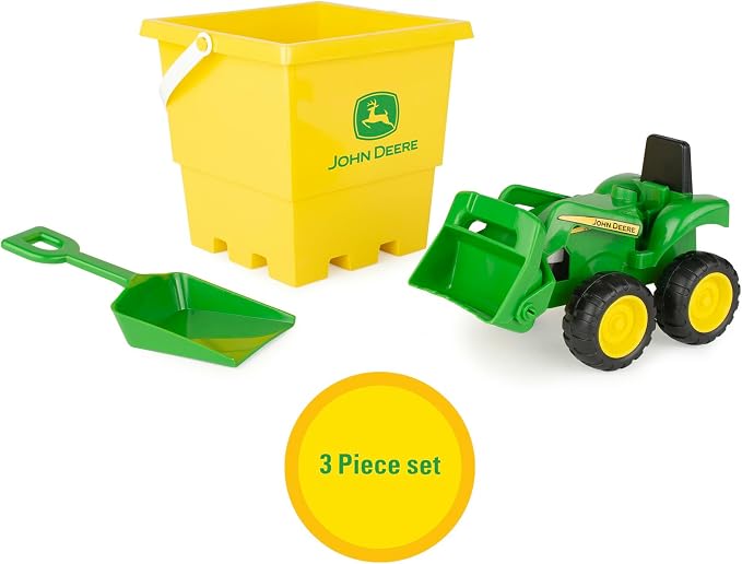 TOMY John Deere Sandbox Toy Set - Includes Dump Truck Toy, Bucket and Beach Shovel - Toddler Outdoor Toys and Farm Toys - Summer Kids Sand Toys - Green - 3 Count