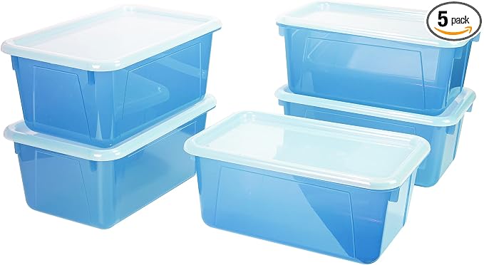Storex Small Cubby Bins – Plastic Storage Containers for Classroom with Non-Snap Lid, 12.2 x 7.8 x 5.1 inches, Tint Teal, 5-Pack (62486A05C)