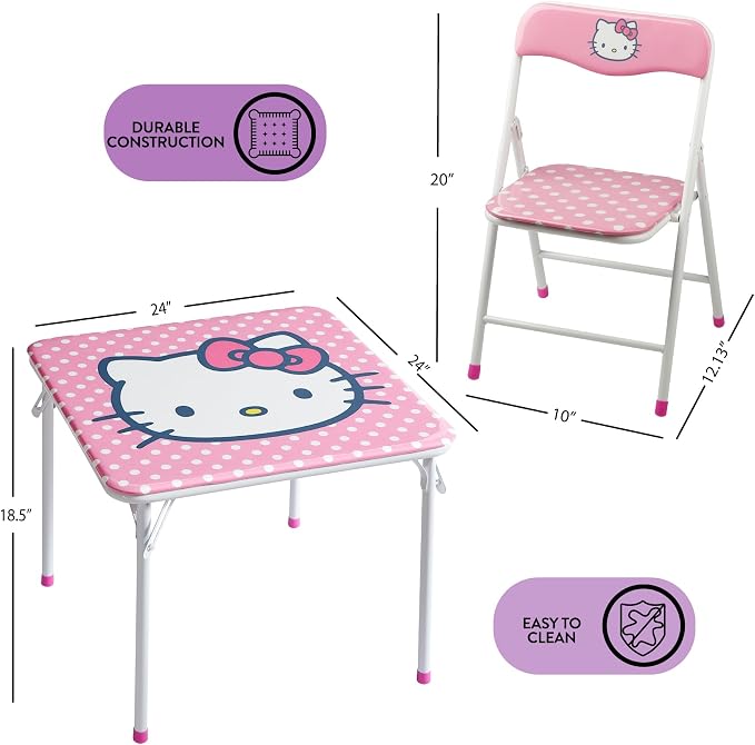 Hello Kitty Kids Activity Table and Chair Set, 3-Piece Square Table with 2 Folding Chairs, Sanrio Character Design,Furniture Set for Ages 3+