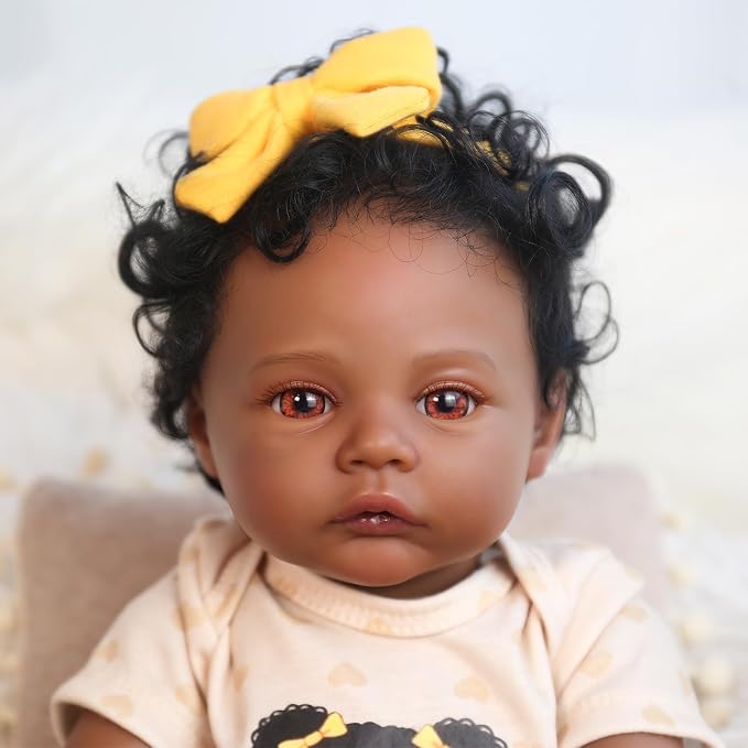 WOOROY Realistic Reborn Baby Dolls Black - 18 Inch Real Life Baby Doll African American with Rooted Curly Hair, Lifelike Awake Newborn Soft Cloth Body Poseable, Complete Gift Set for Kids Age 3+